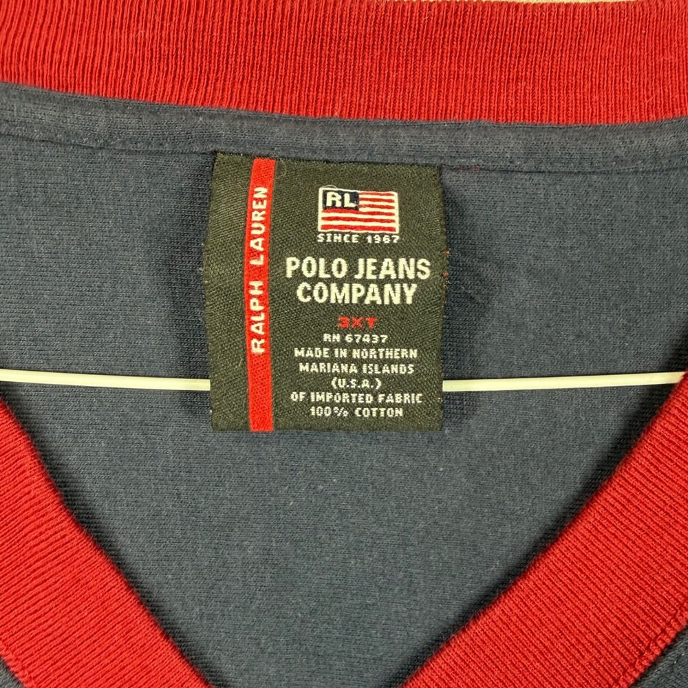 VTG Polo Jeans Co Ralph Lauren Mens 3XT Navy V-Neck Long Sleeve Graphic T-Shirt - Picture 2 of 7